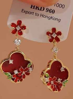 气质高级感红色花朵耳环优雅简约新中式国潮新年红色喜气显白耳坠