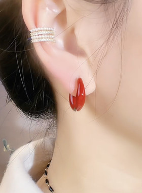 女新年红色滴油耳扣气质减龄耳环