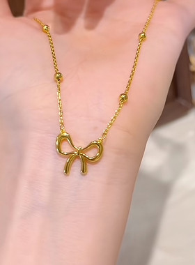 金色珠珠蝴蝶结项链女轻奢小众独特设计感吊坠韩国简约脖子配饰潮