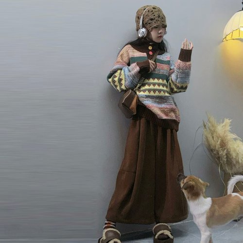 女童彩色扣子高领针织毛衣套装秋冬新款时髦儿童复古灯芯绒花苞裤 - 图1