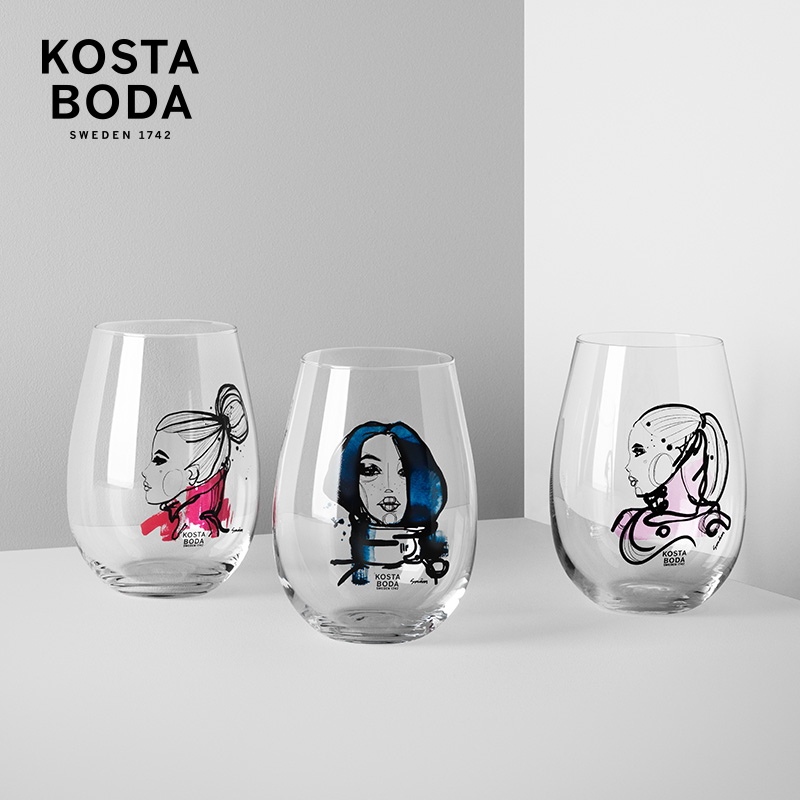 瑞典kosta boda 涂鸦画玻璃杯两只装 创意人物画图案 手工玻璃杯 - 图1