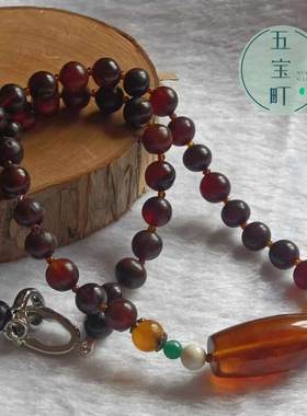 天然醫珀项链缅甸金棕珀桶珠连坠