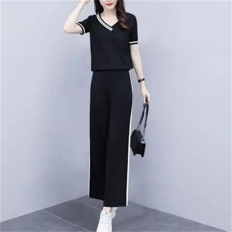 夏季运动套装女时尚气质显瘦短袖阔腿裤2025新款韩版休闲服两件套,淘宝优惠券,粉丝福利购,淘宝优惠卷