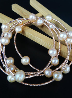 银手镯多层圈情人节生日天然珍珠