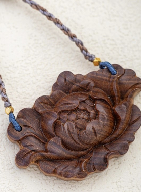天然印度老山檀香牡丹花项链女款链子M吊坠挂件配饰