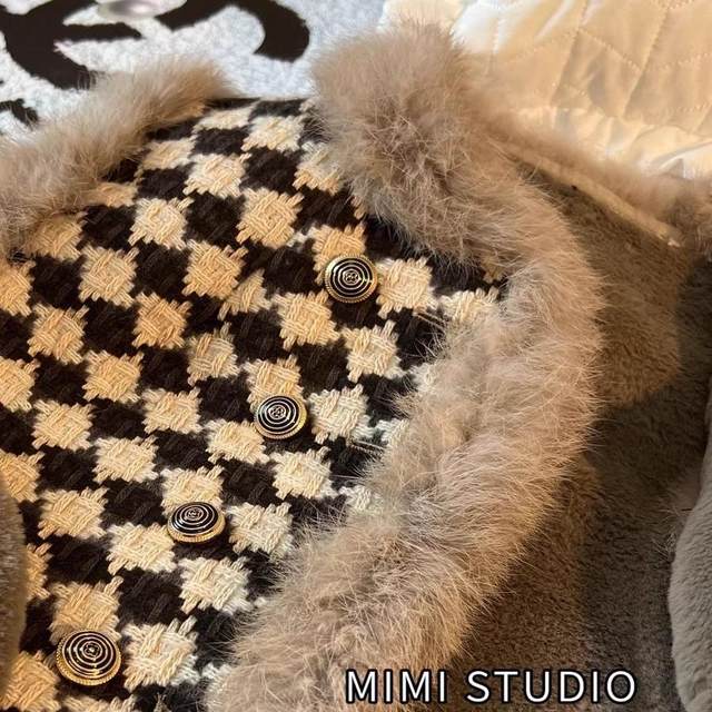 European Mink Fur Vest Small Fragrant Wind Jacket Women 2025 Autumn and Winter Houndstooth Fur Loose Fur Collar Stacked Vest