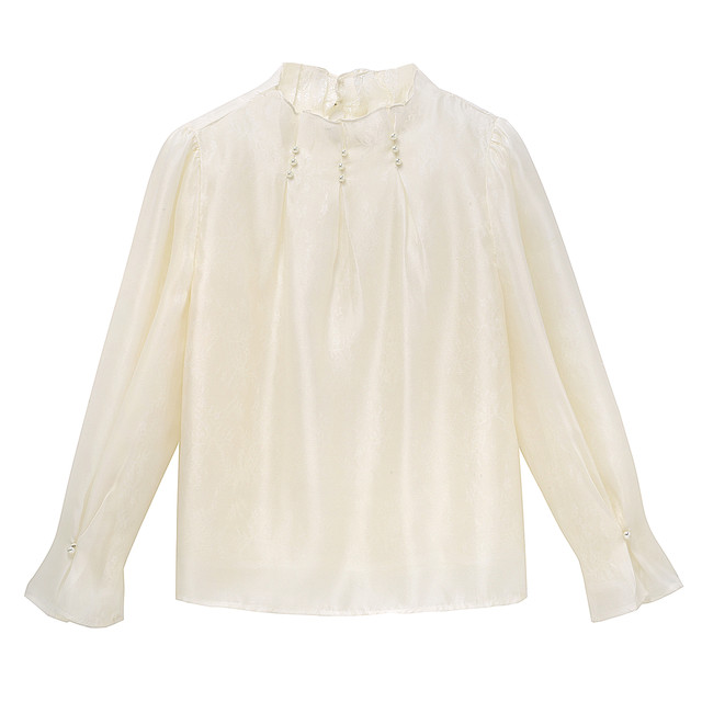 ເສື້ອຢືດ chiffon lace lace ຢືນຂຶ້ນແບບຝຣັ່ງສີທອງຄໍາສໍາລັບແມ່ຍິງໃນລະດູໃບໄມ້ປົ່ງແລະດູໃບໄມ້ລົ່ນແບບໃຫມ່ຂອງ tencel ຊັ້ນສູງ