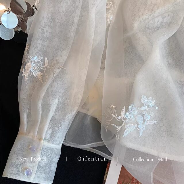 Organza mesh embroidered sequined ເສື້ອຈີນແບບໃຫມ່ສໍາລັບແມ່ຍິງ 2026 ພາກຮຽນ spring ໃຫມ່ temperament ສູງ versatile ແລະອ່ອນໂຍນເສື້ອ