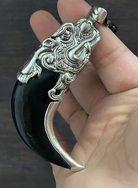 铜吊坠民族风黑牛角高端工艺爪子镀银挂件鱼化龙吊坠复古民族風