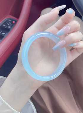 天蓝玉镯非天然奶蓝冰种淡蓝玛瑙玉髓手镯女扁条古风气质玉镯子