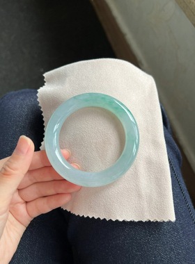 冰种飘绿花正圈翡翠手镯天然缅甸A货白底青圆条贵妃玉镯女款带证