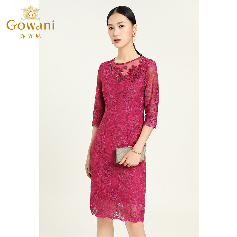 乔万尼商场秋商场同款女装喜宴连衣裙简约优雅红色蕾丝喜宴中长裙