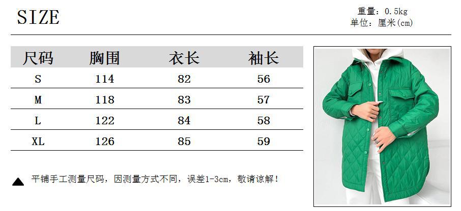 排扣翻领宽松保暖菱格棉服腰带2022秋冬百搭加厚女中长款棉衣coat - 图1