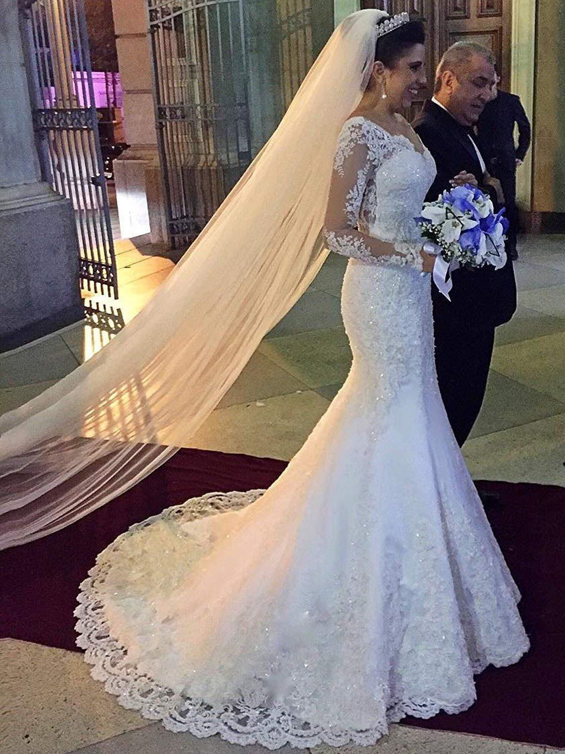 2019新款性感鱼尾婚纱双肩V领水溶蕾丝婚纱鱼尾拖尾Wedding dress