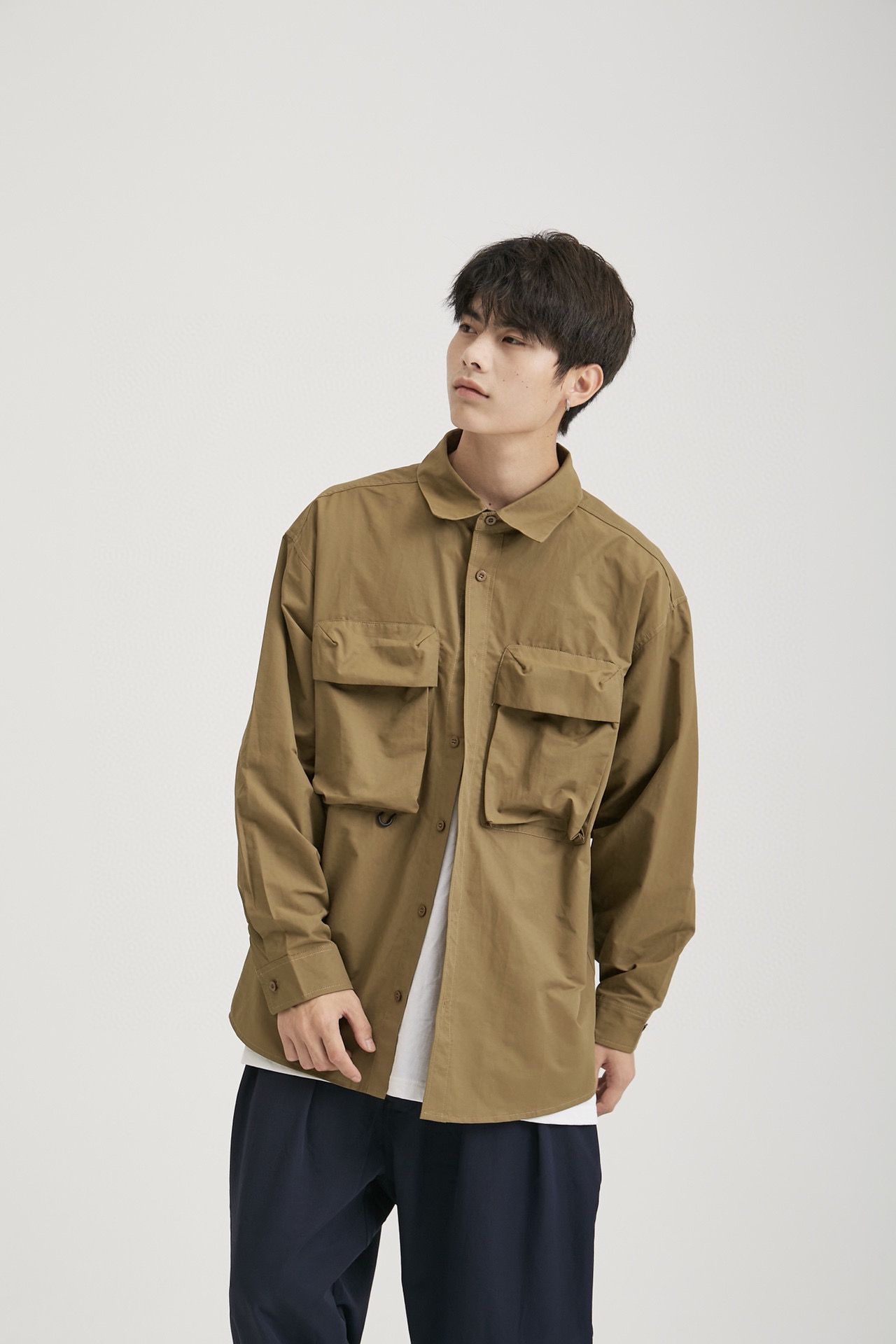 beams men's 23SS日系工装衬衫宽松落肩大口袋男女citboy长袖衬衣 - 图0