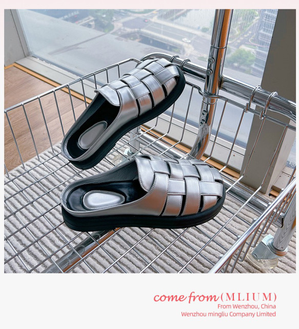Mowa manufacturer hollow woven slippers for outer wear 2025 summer new one-legged Roman retro Baotou half slippers for women