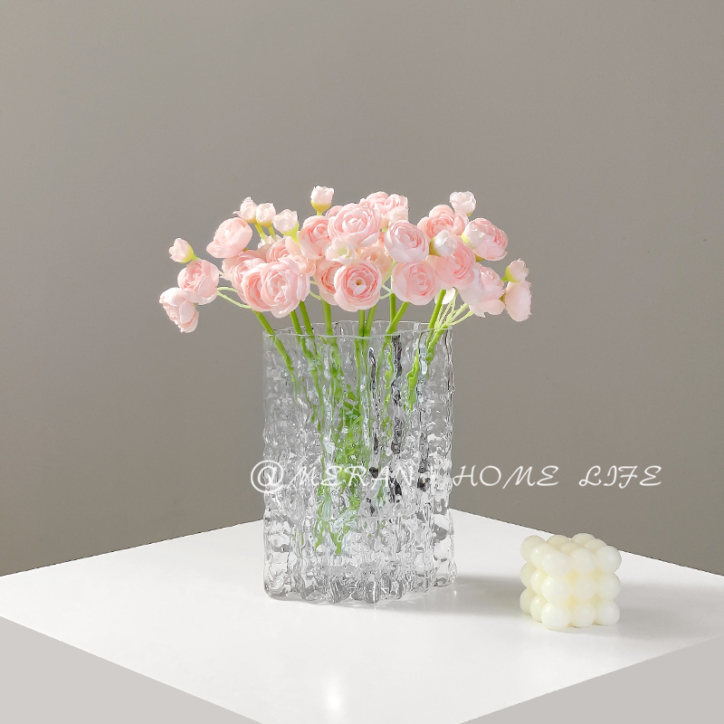 ins风客厅鲜花插花轻奢透明客厅餐桌水养玻璃摆件高级感冰川花瓶