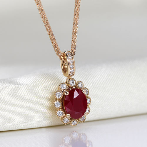 双保险万能扣18K玫瑰金鸽血红宝石蕾丝吊坠 百搭钻石复古项链女款 - 图0