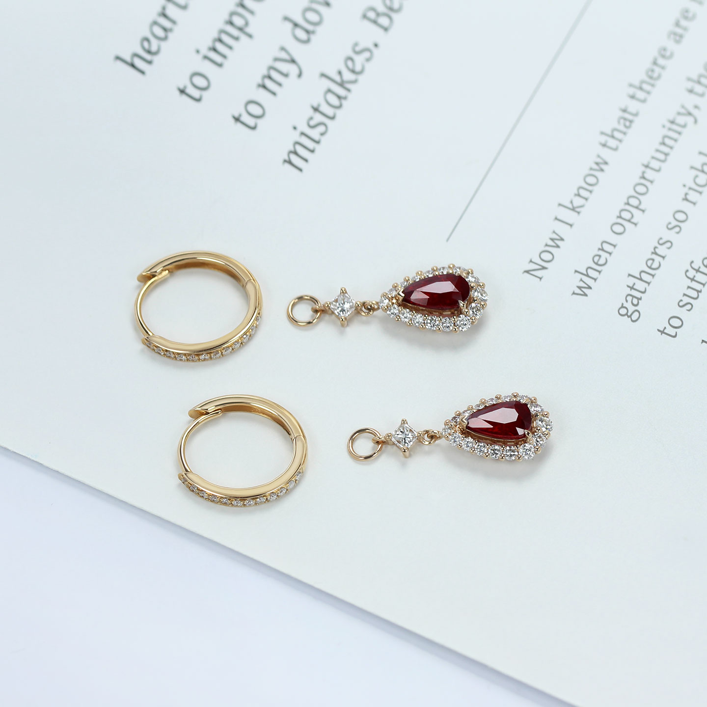 G18K玫瑰金无烧鸽血红宝石水滴形耳坠 可拆分多用款钻石耳环女款 - 图1