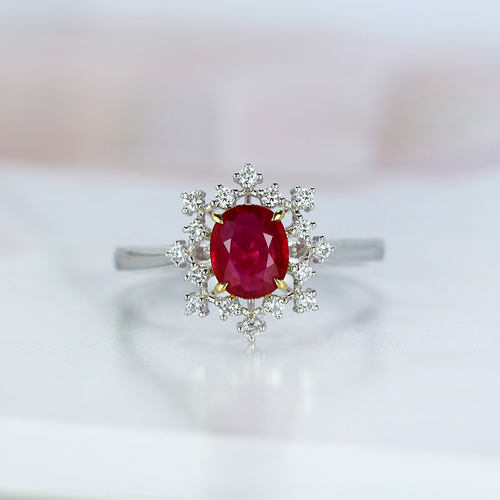 唯美18K白金天然红宝石雪花戒指 鸽血红色彩金镶钻石手饰女款正品 - 图0