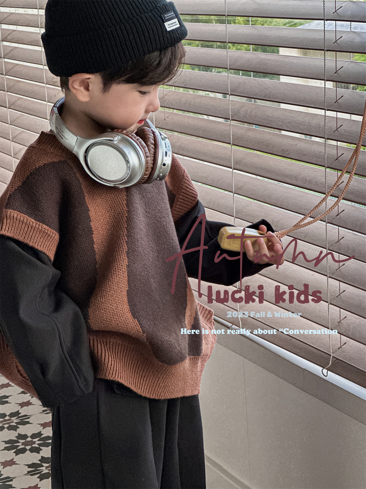 LUCKI KIDS韩国童装2024春季男童中小童针织马甲黑色太空棉套装