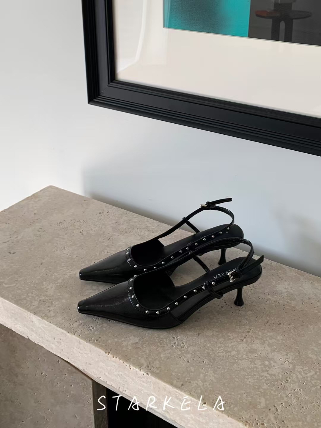 StarKeLa2025春新款金属钉尖头浅口中高跟包脚一字扣带凉鞋女单鞋 - 图2