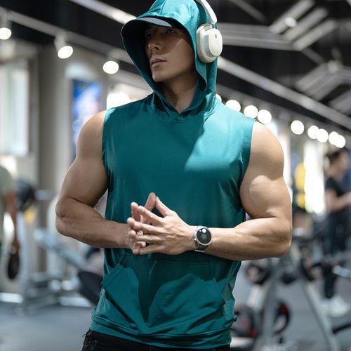 夏季男士户外运动连帽马甲背心宽松训练速干冰丝口袋透气健身上衣 - 图0