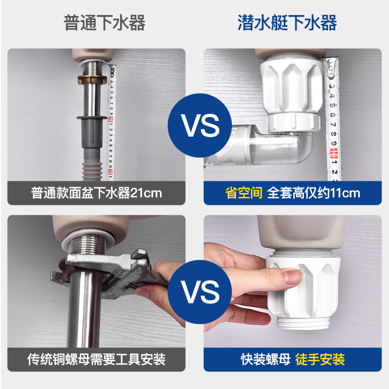 潜水艇洗手盆下水管防返臭神器洗脸池面盆排水管墙排下水管道配件-图2