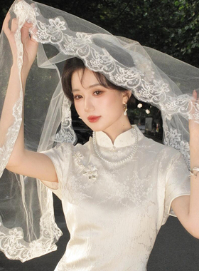 法式复古蕾丝头纱新娘主婚纱绝美
