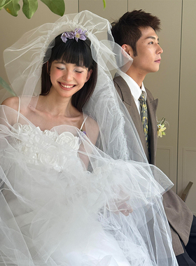 头纱新娘主婚纱小众超仙褶皱花边