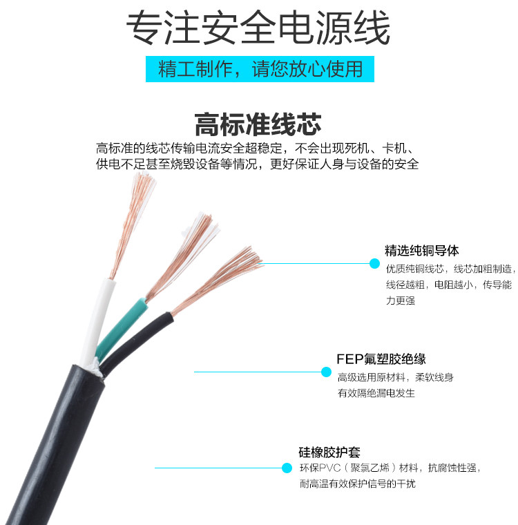 美标纯铜电源线三孔插头线3芯*0.824平方 14 16 18号美规电源线UL