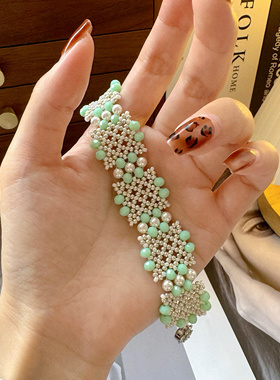 SL012•小众时尚森系宽版窗花串珠手链（材料包&成品）