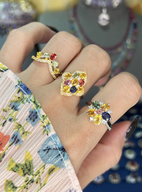 天然彩色蓝宝石戒指女S925纯银镀白金轻奢精致日常送女友礼物饰品