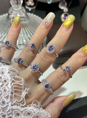 天然坦桑石戒指女S925银紫色花朵