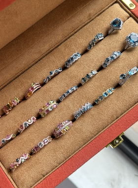 天然托帕石碧玺戒指女款s925纯银镶嵌伦敦蓝排戒轻奢小众百搭饰品