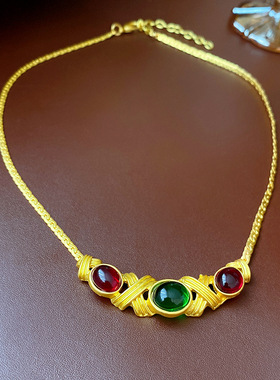 中古vintage琉璃项链法式宫廷风椭圆锁骨链复古气质轻奢简约时尚