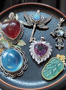 通体925银天然水晶玉石吊坠复古