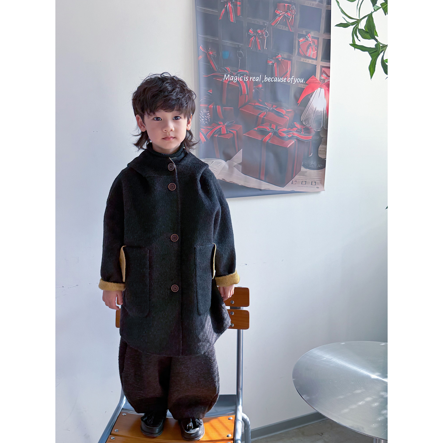 男童两面穿大衣2025冬季新款100%羊毛连帽加厚双面绒儿童毛呢外套 - 图2
