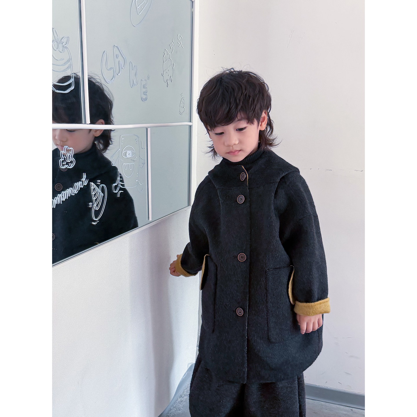 男童两面穿大衣2025冬季新款100%羊毛连帽加厚双面绒儿童毛呢外套 - 图0