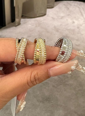 pеrlee满钻925银珠边戒指女18K V金万花筒珠珠双圈指环CA签名款