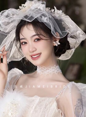 佳媄创意仙气白色花朵新娘头饰花环帽纱遮面头纱外景旅拍婚纱配饰