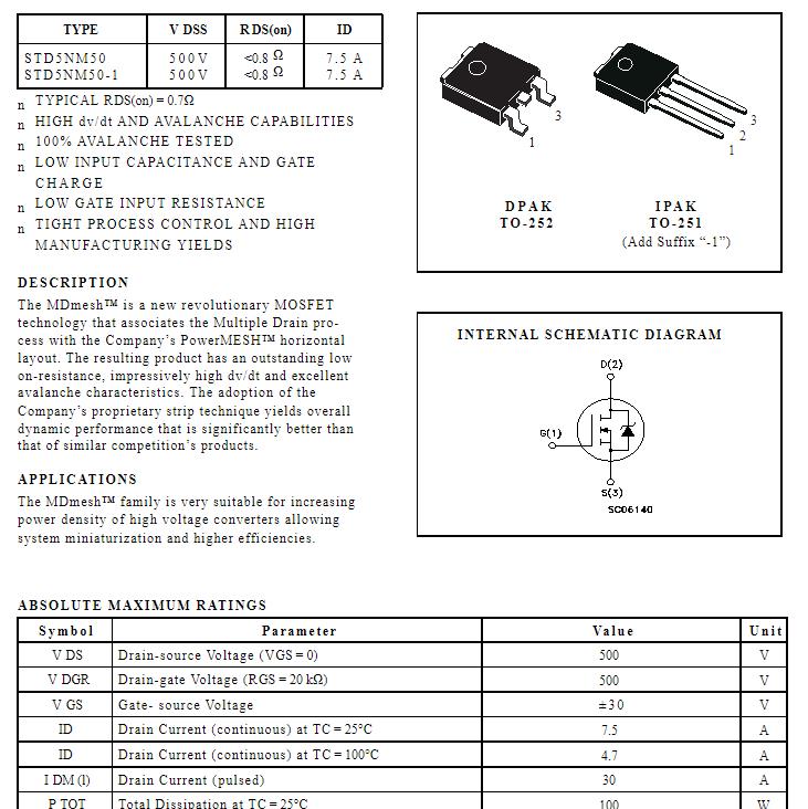 原装进口拆机原字 STD5NM50 D5NM50 TO-252贴片/MOS场效应管-图1