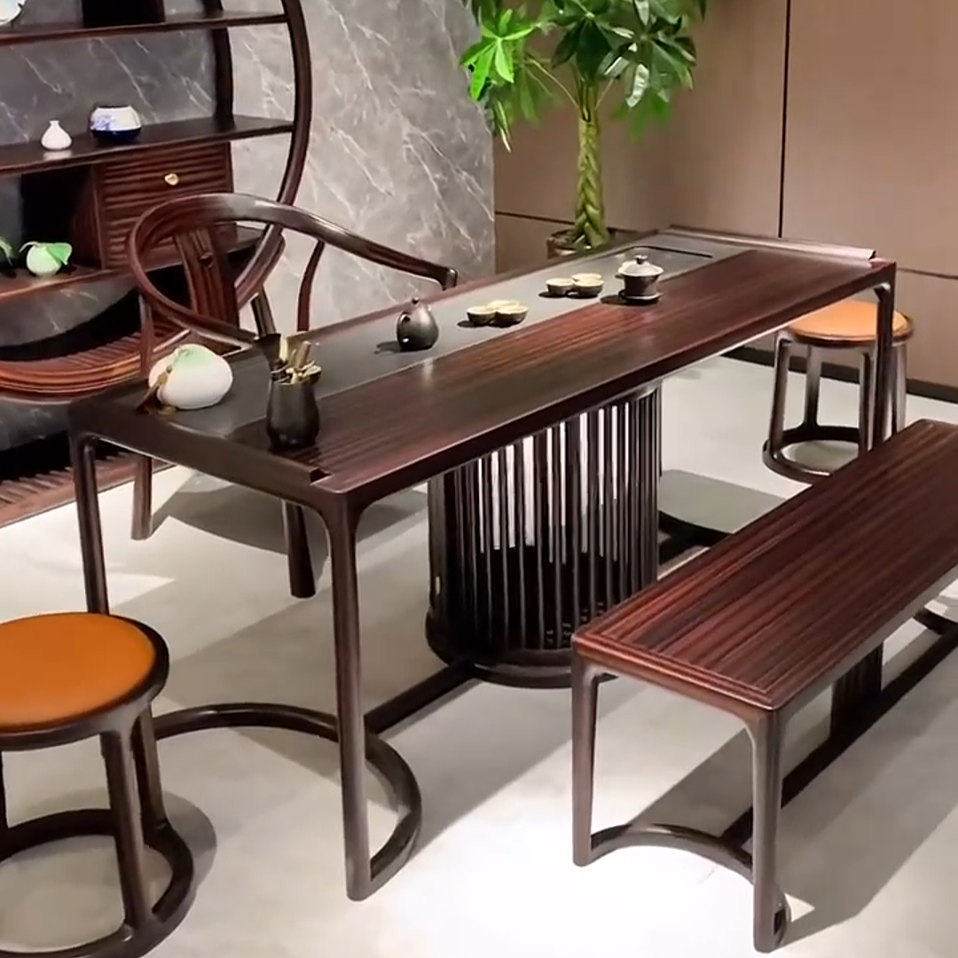 新中式乌金木茶桌椅组合禅意轻奢功夫茶台客厅办公室茶室实木家具 - 图0