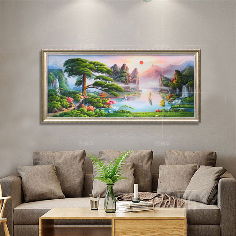 聚宝盆手绘山水风景油画客厅别墅风水玄关装饰画有框迎客松挂画_虎窝淘