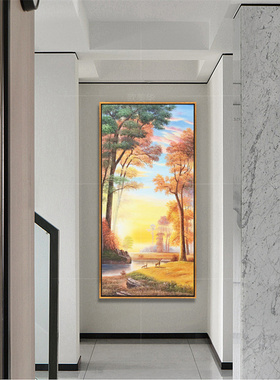 手绘油画山水风景聚宝盆小鹿有框客厅画玄关过道走廊餐厅挂画壁画