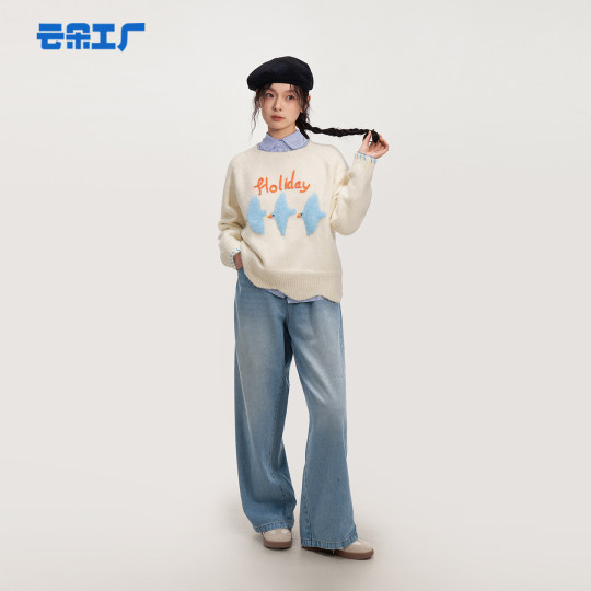 云朵工厂八头船海鸥提花圆领毛衣内搭女针织衫早秋新款套头上衣