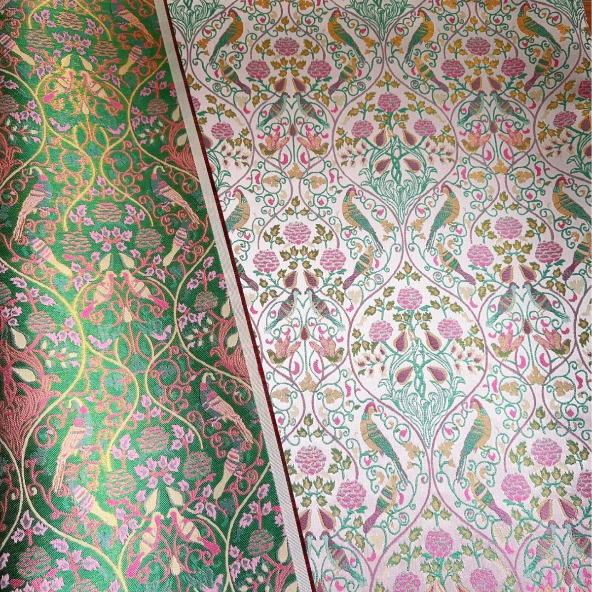 粉金田园风鸟语花香仿宋锦提花面料 新中式马甲旗袍上衣箱包抱枕 - 图1