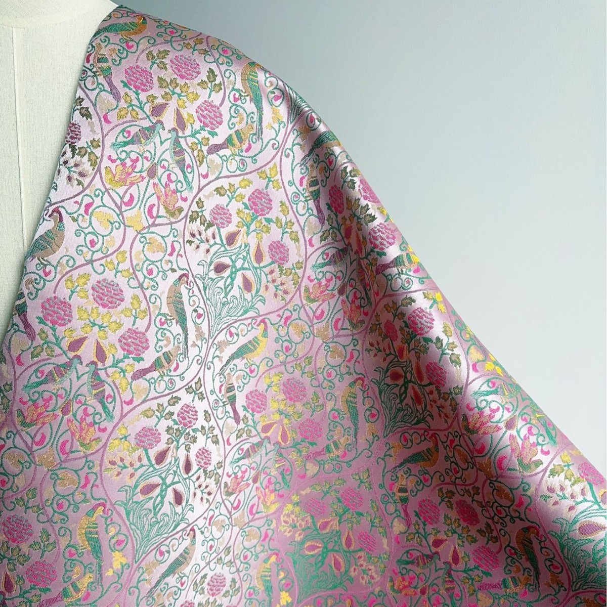 粉金田园风鸟语花香仿宋锦提花面料 新中式马甲旗袍上衣箱包抱枕 - 图3