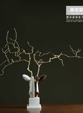 创意金属小鸟枝陶瓷麋鹿头摆件 美式家居玄关客厅样板房软装饰品
