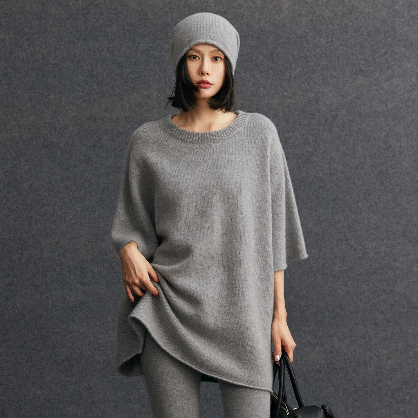 R0W风及简羊绒宽松廓形半袖针织衫女圆领中长款羊毛毛衣慵懒上衣,淘宝优惠券,粉丝福利购,淘宝优惠卷